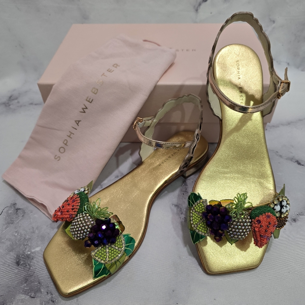 🍉🍍 SOPHIA WEBSTER 🍇🍋 Lilico Fruit Flat Sandal Rose Gold - EU 38.5 - HTF EUC